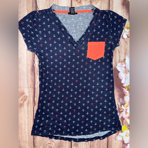 Rue21 Navy and Coral Anchor Print Short Sleeve Tee - Picture 1 of 2